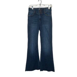 Sneak Peek 5/27 High-Rise Dark Wash Flare Jeans Frayed Hem 3 Button Zip